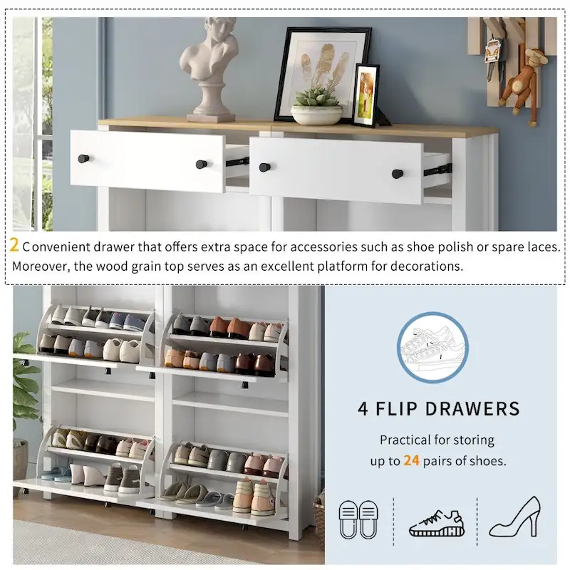 Wood Pattern Top Shoe Cabinet with Flip Drawers and Adjustable Panel