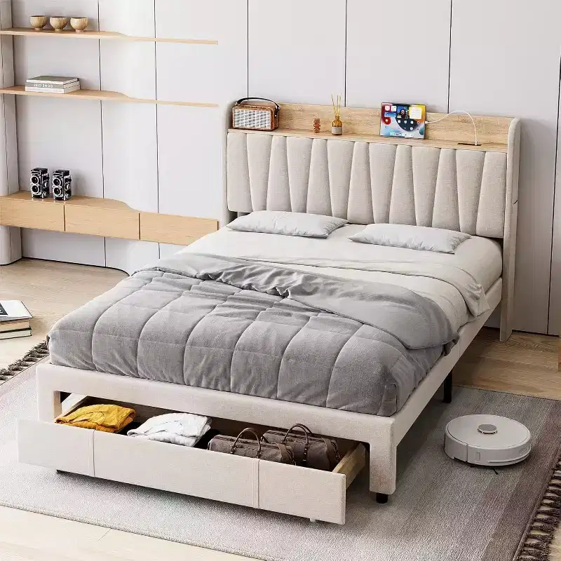 Full/Queen Size Upholstered Bed Frame with Storage Headboard