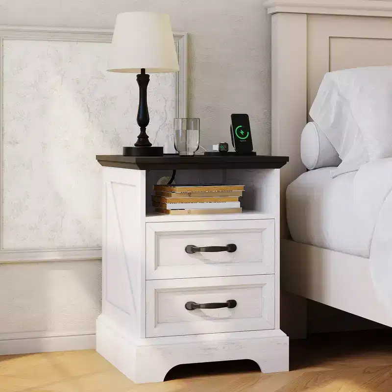 Farmhouse Rustic Bedside table  2 Drawers, Modern Wood Bedside Table, USB Ports & AC Outlets, Durable MDF, Metal Handles, White