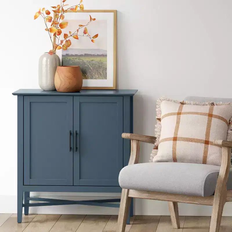 Storage Cabinet Navy - Home Office Organizer with Divided Interior, Pine Frame