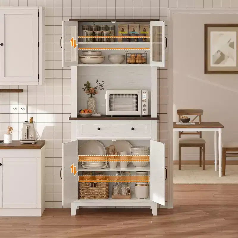 72 Tall Farmhouse Pantry Cabinet with Doors and Drawer, Adjustable Shelves Storage Hutch, Freestanding Kitchen Coffee Bar, White+Brown