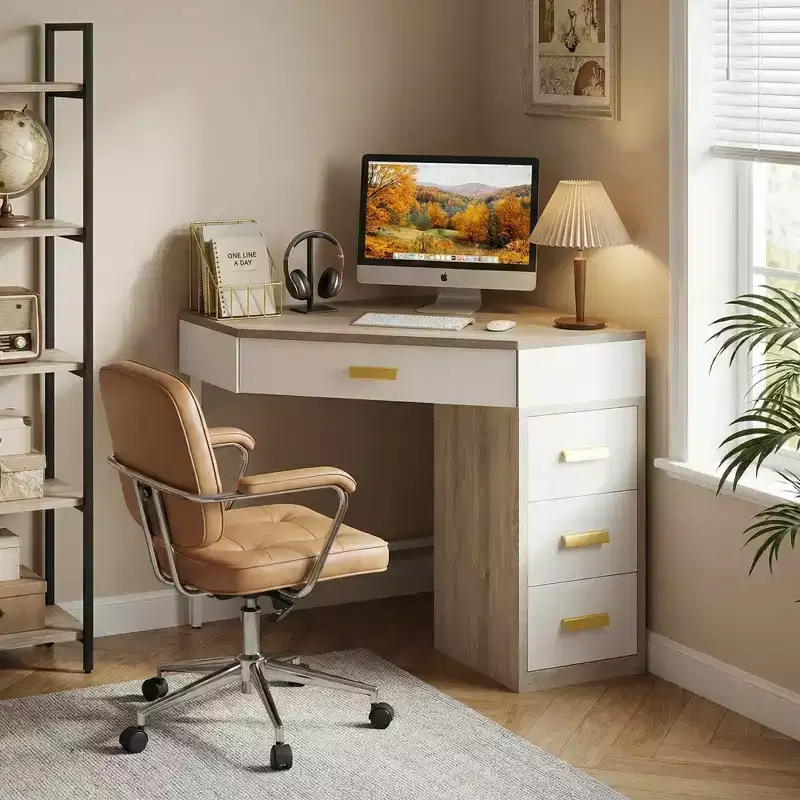 MAYEERTY 90 Triangle Corner Desk with 4 Drawers, Vanity Makeup Computer Desk
