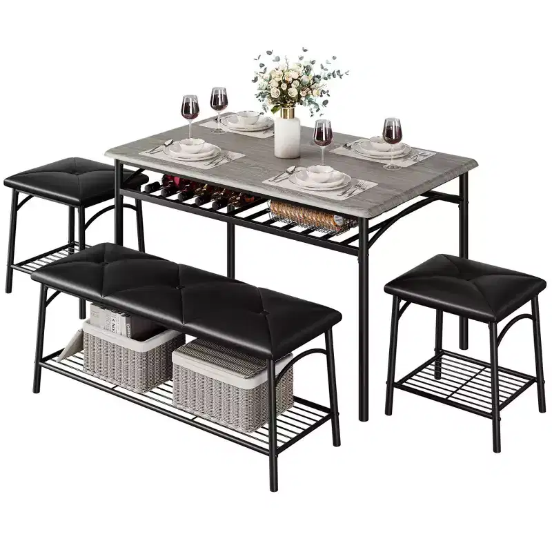 4 Piece Rectangular Kitchen Table Set, with 1 Upholstered Bench and 2 Square Stools