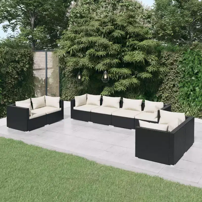 vidaXL 8 Piece Patio Lounge Set with Cushions, Poly Rattan Outdoor Furniture Set, Modular Design, Water-Resistant, Cream Cushions, Black