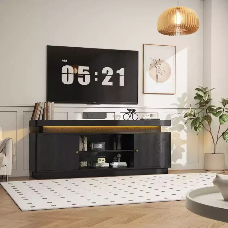 TV Stand with Power Outlet, Entertainment Center with Storage and Adjustable Shelf, TV Console for Living Room, Modern Media Console