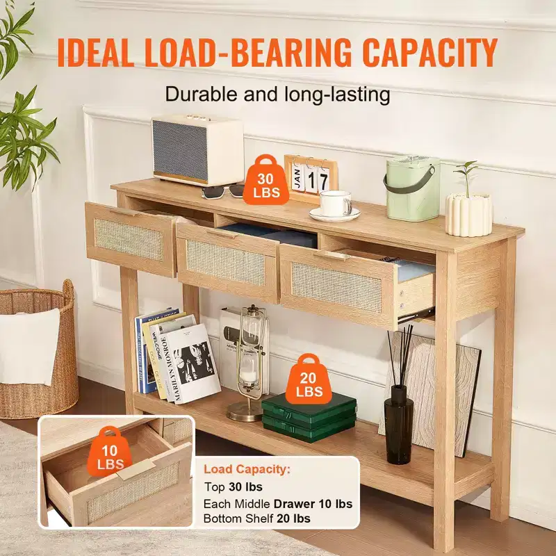 Rattan Console Table with 3 Drawers and Bottom Shelf Narrow Entryway Sofa Table 51.38 in Beige