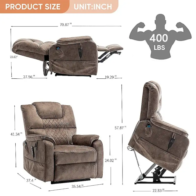35.5W Dual Electric Power Lift Recliner,Massage&Heat,180 degrees