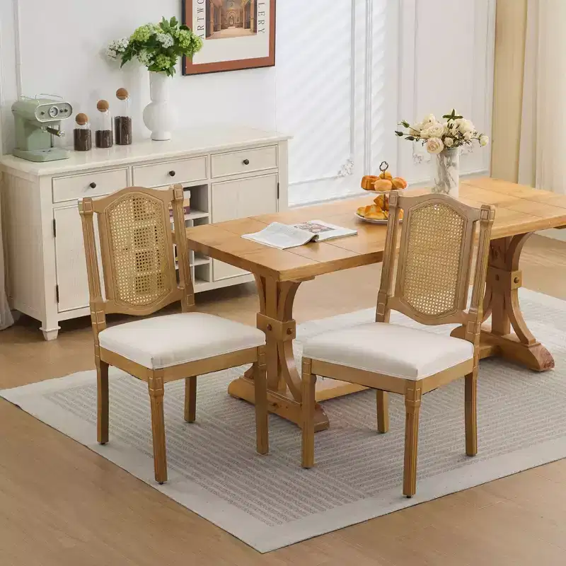 TUYOHW King Louis Chairs Set of 2,Rattan Back French Decor Side Chairs with Solid Rubberwood Legs,Soft Linen Upholstery,300lbs Capacity