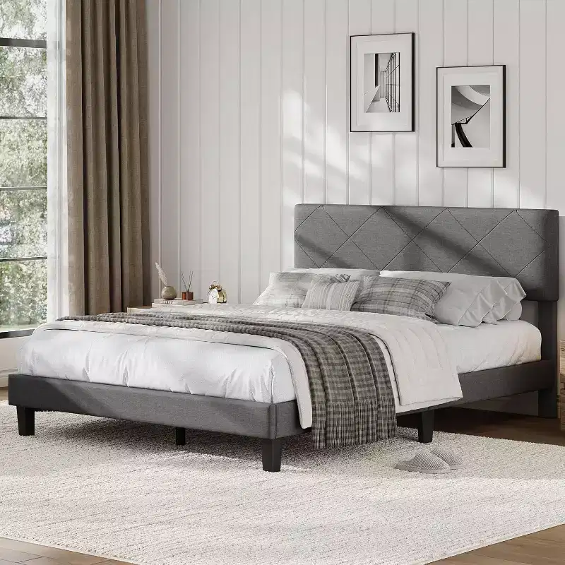 Bed Frame with Upholstered Headboard,Platform Bed Frame with Wooden Slat Support, Easy Assembly Platform Bed, No Box Spring Needed Noise Free