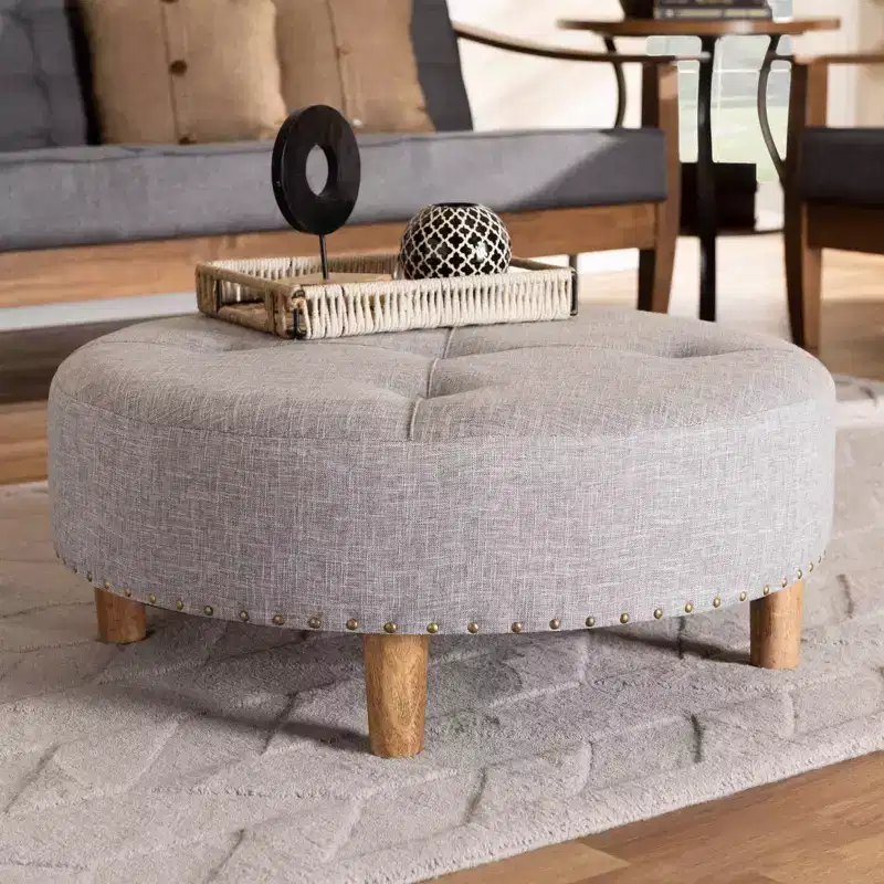 Baxton Studio Vinet Natural Wood Cocktail Ottoman Gray: Modern Upholstered Round Coffee Table, 250lb Capacity