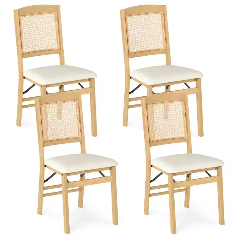 Folding Dining Chairs Set of 4 with Linen Padded Seat and Rattan Backrest