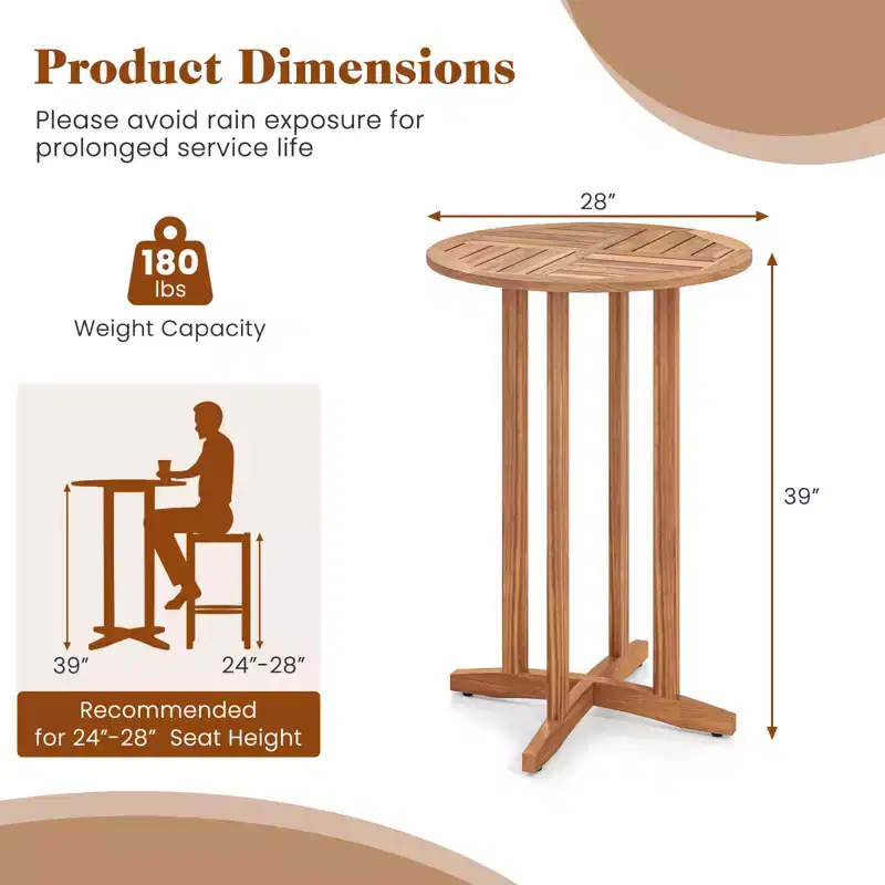 sumyeg 39 Outdoor Acacia Wood Bar Table, Round Patio Bistro Table with Slatted Top, Bar Height for Balcony, Backyard, Garden