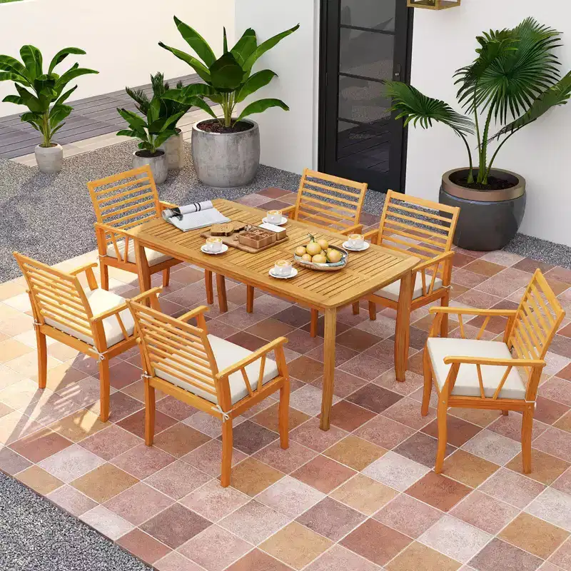 Costway 7PCSPatioDiningSet AcaciaWoodTableandChairsSetwith 1.97 Umbrella Hole