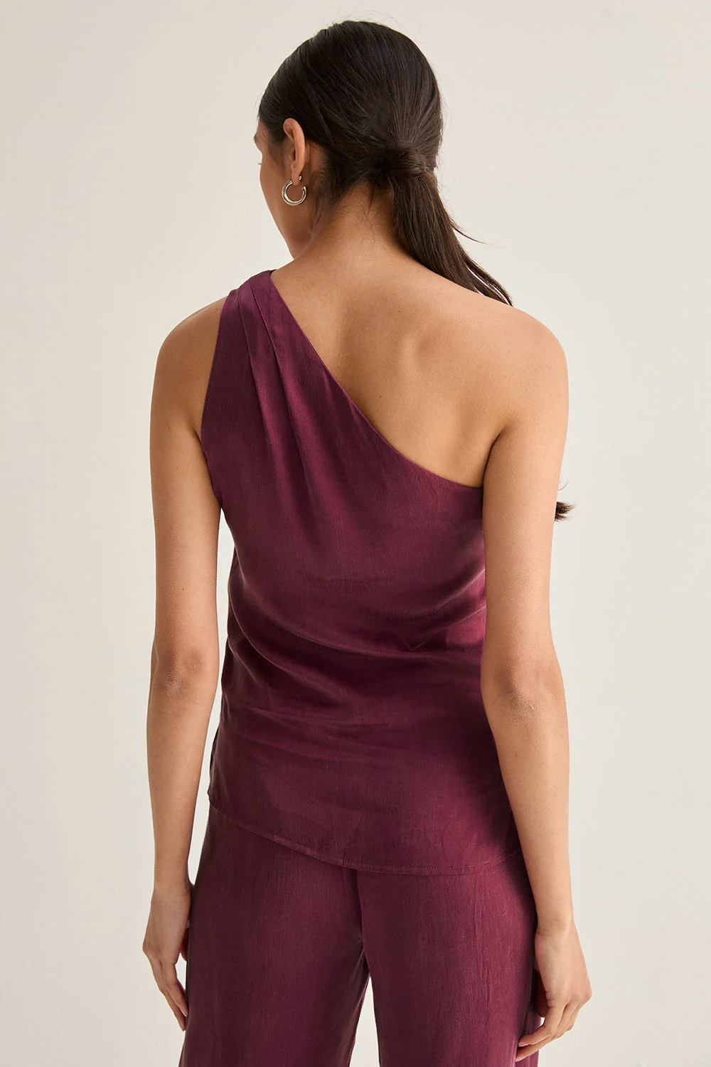 One Shoulder Cupro Sleeveless Blouse with Pleat Detail