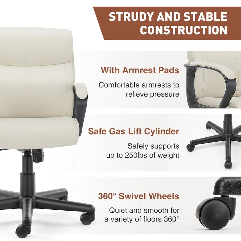 Adjustable Office Chair with Padded Armrests and PU Leather Seat