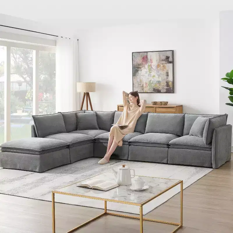 GDFStudio Nelson Modern 125.5 Chenille Oversized L-Shaped Modular Sectional Sofa with Movable Ottoman
