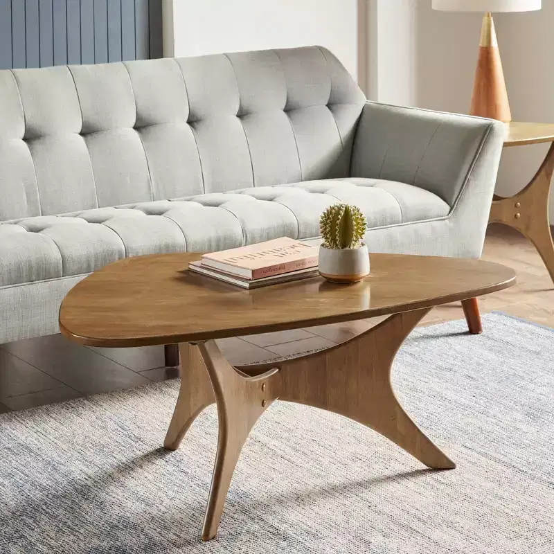 Triangular Wood Coffee Table Light Brown: Mid-Century Modern, Elm Finish, Unique Cross Base
