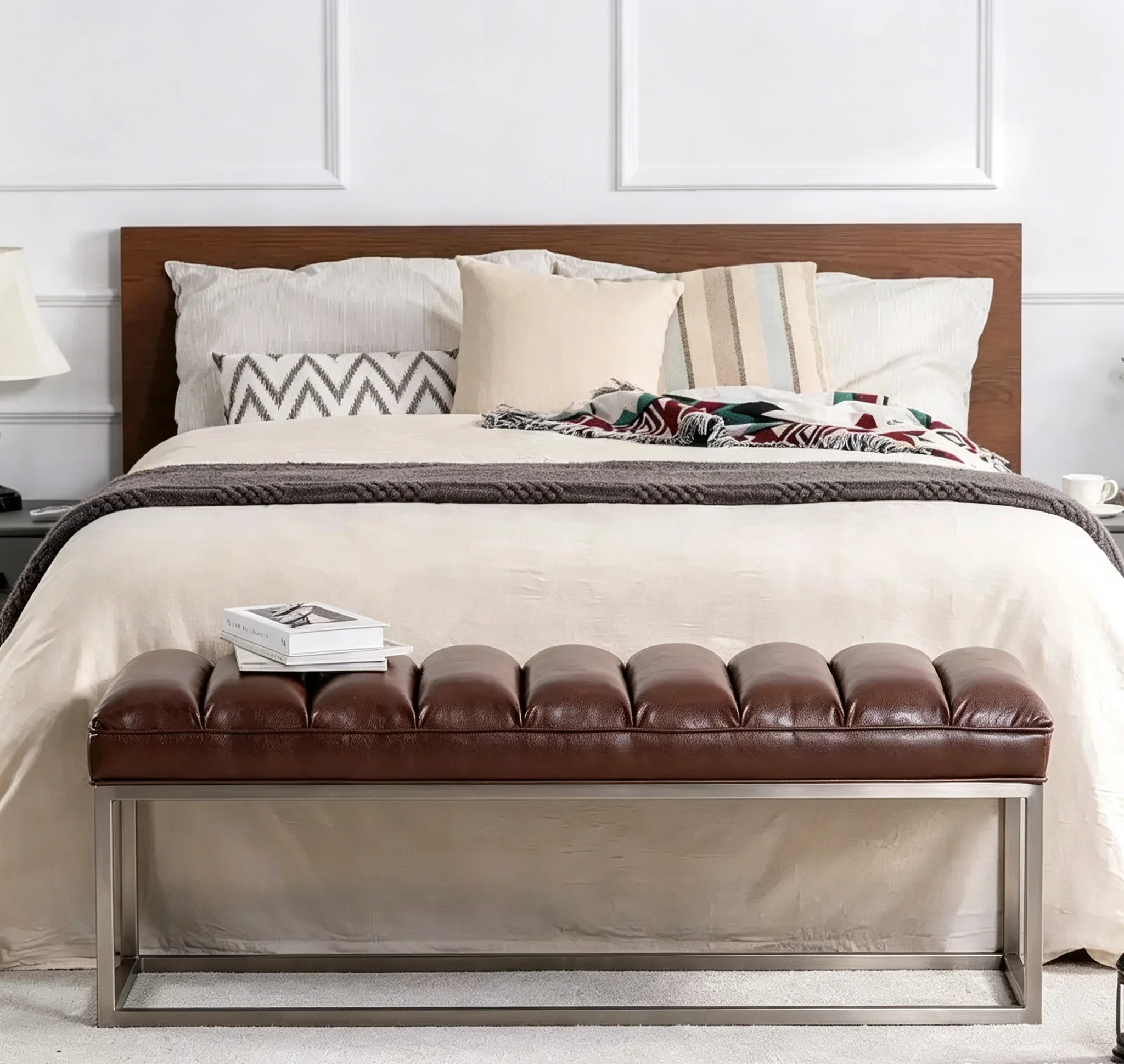 54 Inch Upholstered PU Leather Bench with Metal Base, Modern Entryway Bench for Bedroom Living Room