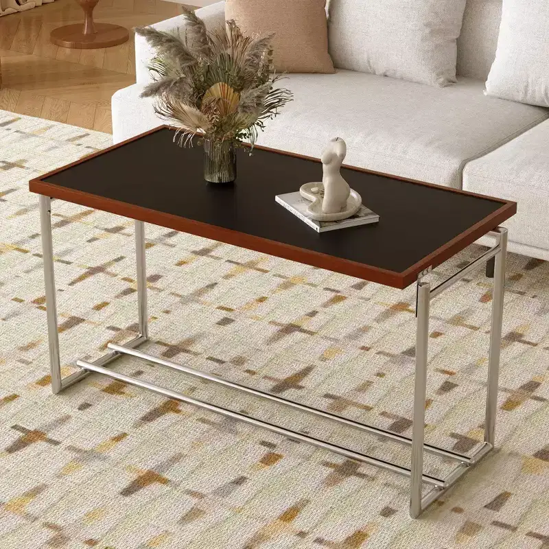 50 Mid-Century Modern Industrial Coffee Table - Dual-Height Adjustable Metal Frame with Walnut Finish Top - Black/Chrome Gaoyangjiaju