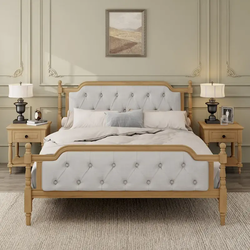 Solid Wood Bed Frame with Upholstered Tufted Headboard – No Box Spring Needed