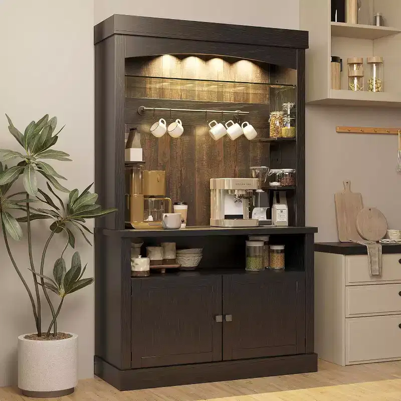 72 Tall Farmhouse Coffee Bar Cabinet w/ LED Lights, Kitchen Sideboard Buffet w/ Wine Rack, Glass Shelf & Microwave Stand for Dining Room
