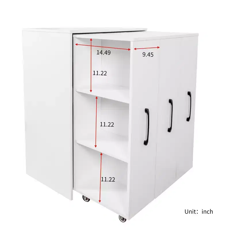 3-Door Sliding Bookcase, 3 Tier Floor Standing Bookcase with Pull-Out Storage and Casters - White