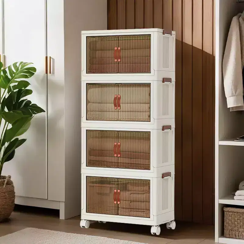 GustoWave 4 Tier Stackable Plastic Storage Bins, 4 Foldable Storage Bins with Wheels Closet Organizers and Storage Double Door for Home Bedroom