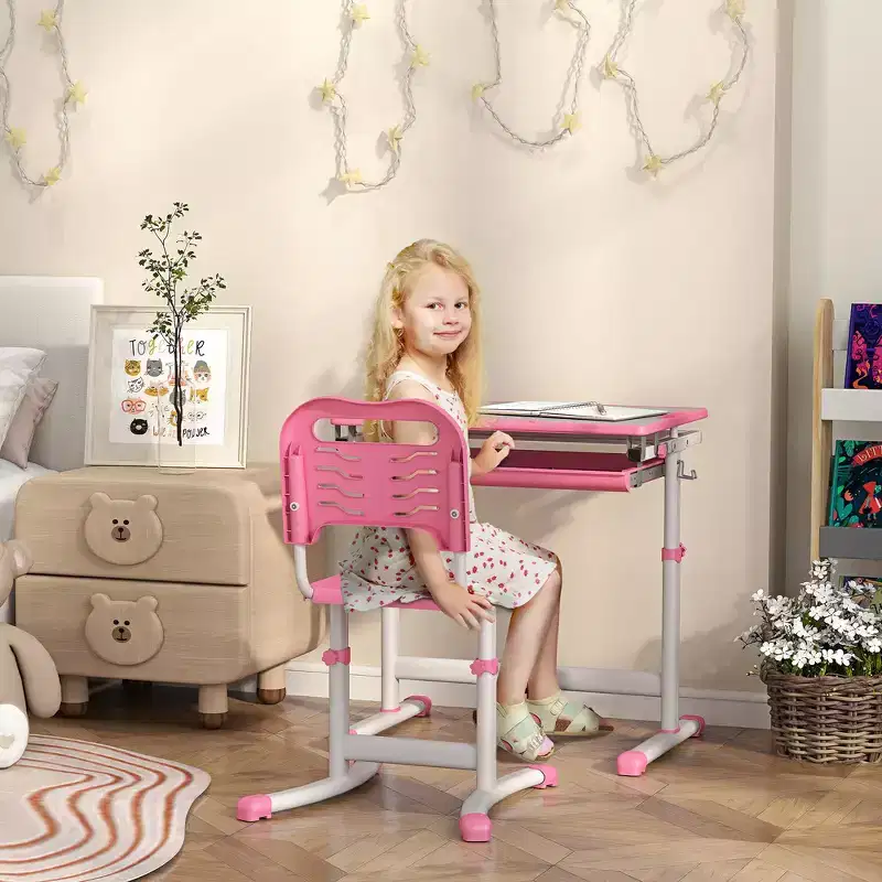 Whisen Height-Adjustable Children's Study Desk Set, Kids & Ergonomic Table and Chairs Set with MDF Construction - Pink