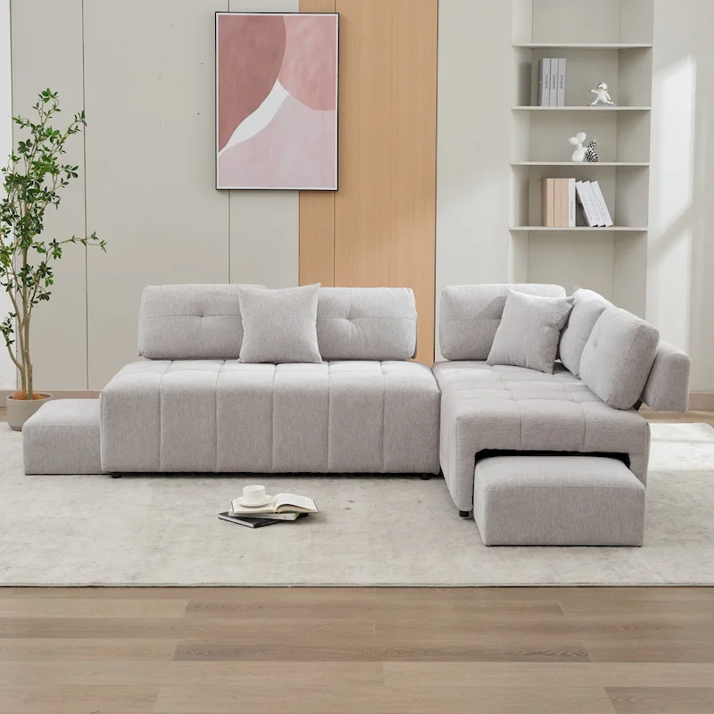 91.73 L-Shaped 4-Seat Sectional Sofa with 2 Hidden Stools, 2 Removable Lumbar Cushions, and Durable Chenille Fabric