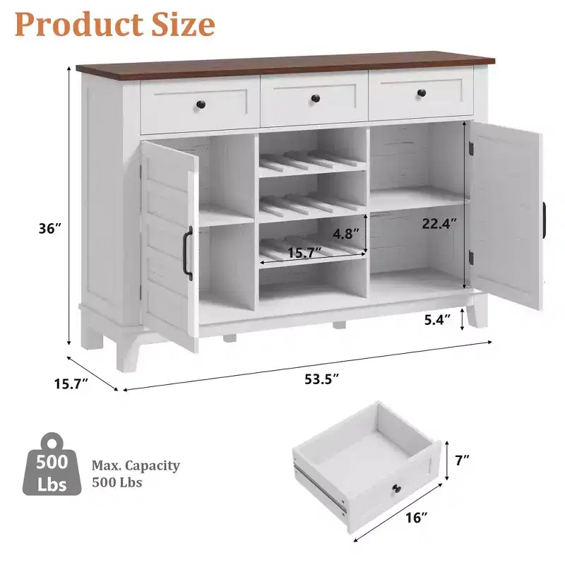 53.5 Rustic Wine Bar Cabinet Buffet with Sliding Door, 3 Drawers, Adjustable Shelf & Removable Wine Rack for Dining Room
