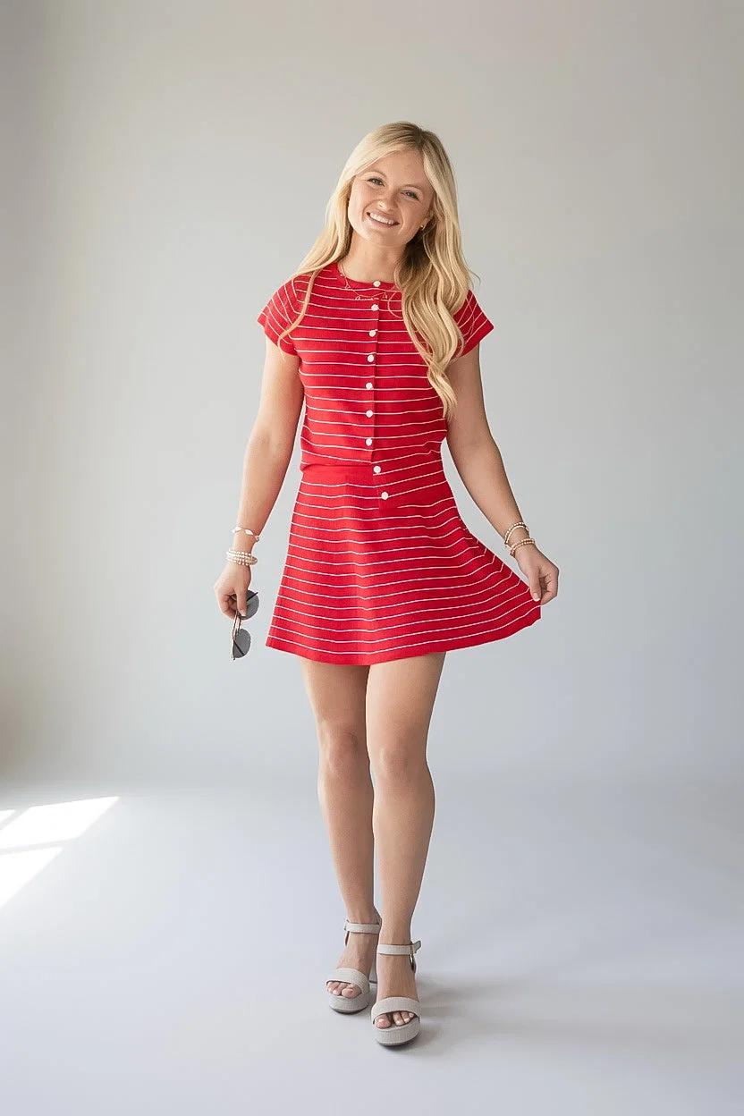 Stripe Button Front Fitted Capped Sleeve Top