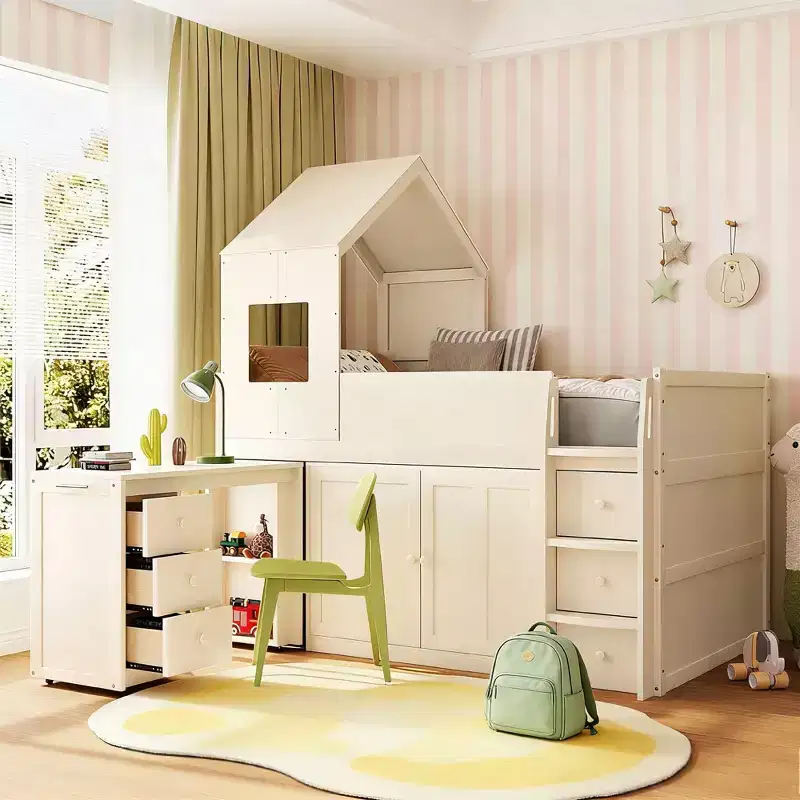 Luxystar Twin House Style Low Loft Bed With Rolling Desk, Storage Cabinet And Drawers