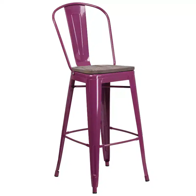 30H Metal Dining Barstool with Back and Wood Seat