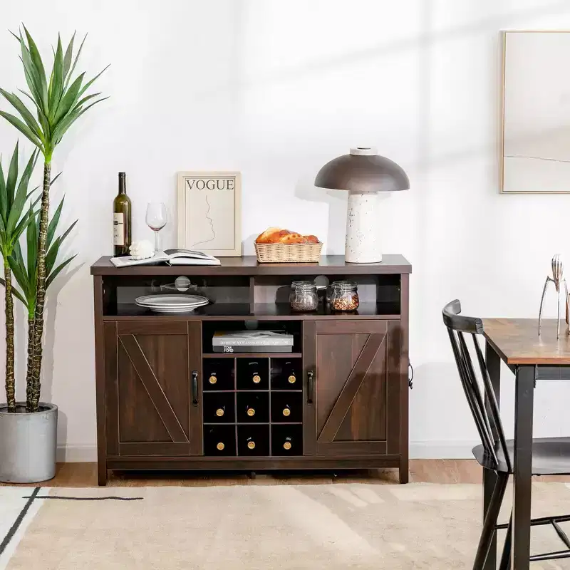 Buffet Storage Cabinet Farmhouse Sideboard with 9-Bottle Wine Rack & 2 Doors