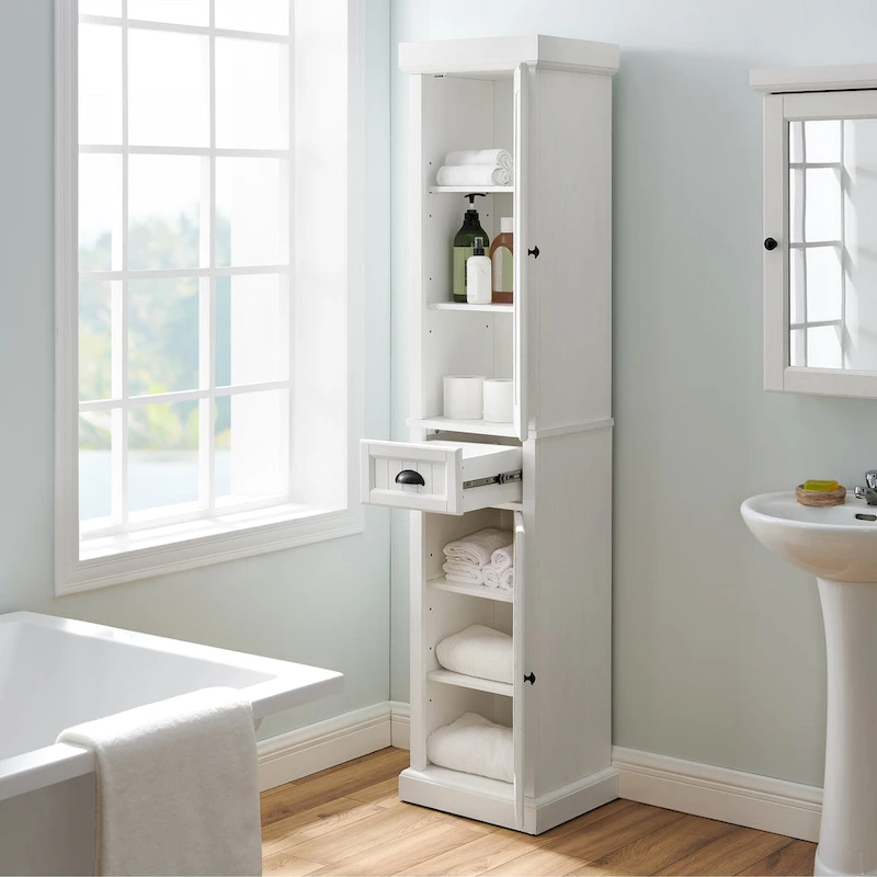 Crosley Seaside Tall Linen Cabinet Distressed White