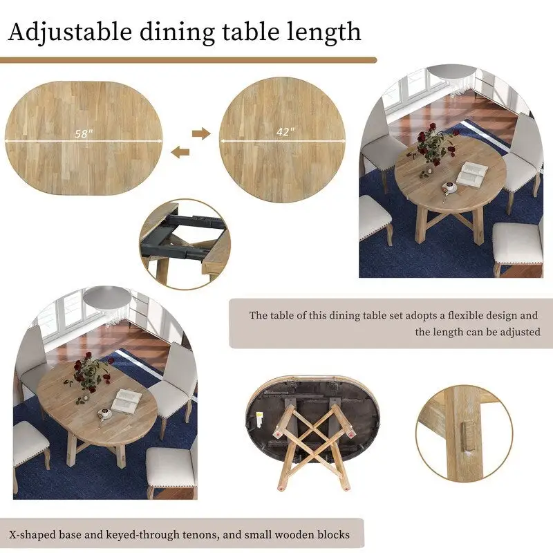 Round Extendable Dining Table with X-Base and Leaf Insert