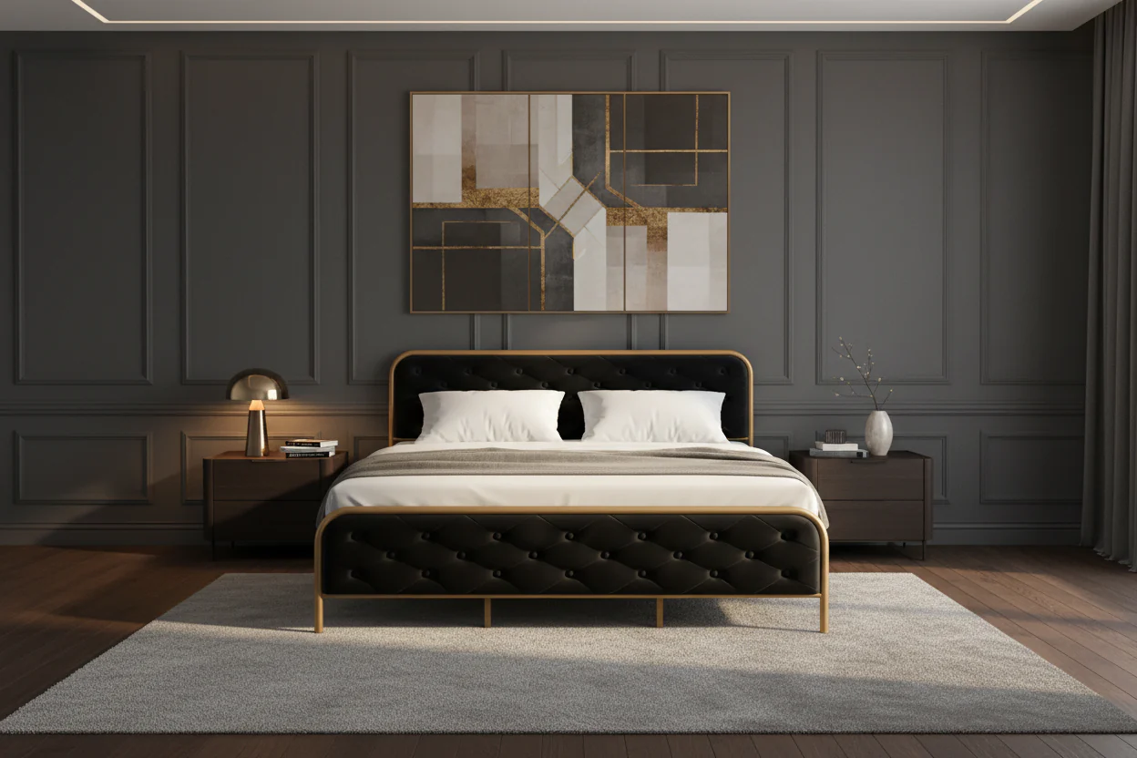 King Size Velvet Platform Bed Frame with Button Tufted Curved Headboard and Gold Metal Frame