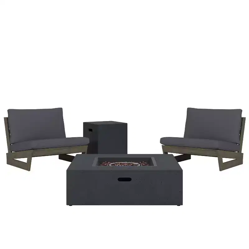 Christopher Knight Home Sherwood Outdoor Acacia Wood Club Chairs with Cushions and Square Fire Pit