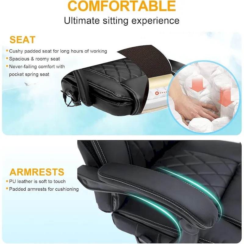 Ergonomic Heated Executive Office Chair, 2/4/6-Point Massage, Retractable Footrest, PU Leather