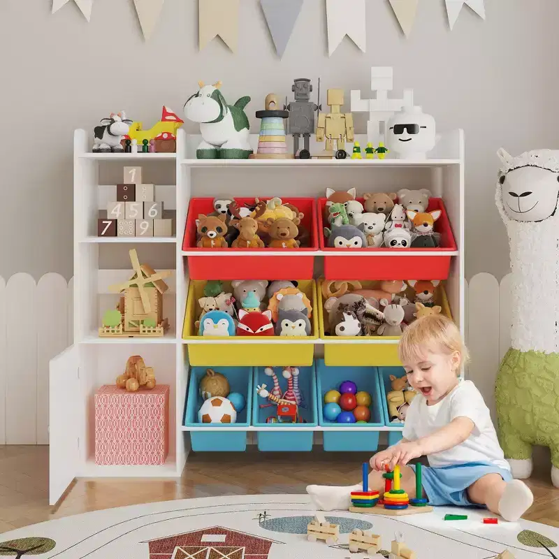 Kids Wood Organizer Cabinet for Storing Games Books Craft, Children Storage Shelf with 8 Removable Bins, Kids Bookcase for Kindergarten Playroom