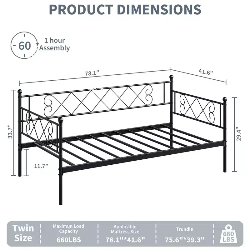 Twin Daybed with Heart-Shaped Headboard, Sturdy Metal Day Bed Frame with Steel Slat Support, Headboard Sofa Bed for Living Room, Bedroom