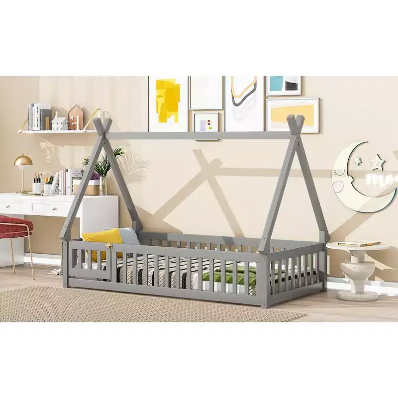 MAYEERTY Twin Tent-shaped Floor Bed with Safety Guardrails Gray