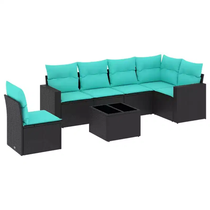 7 Piece Patio Sofa Set with Cushions Black Poly Rattan