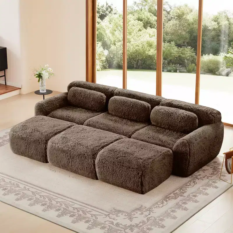 3-Seat Plush Sofa with Ottoman, 32D HD Foam, No Assembly, Anti-Slip Base, Modular for Living Room/Home Theater