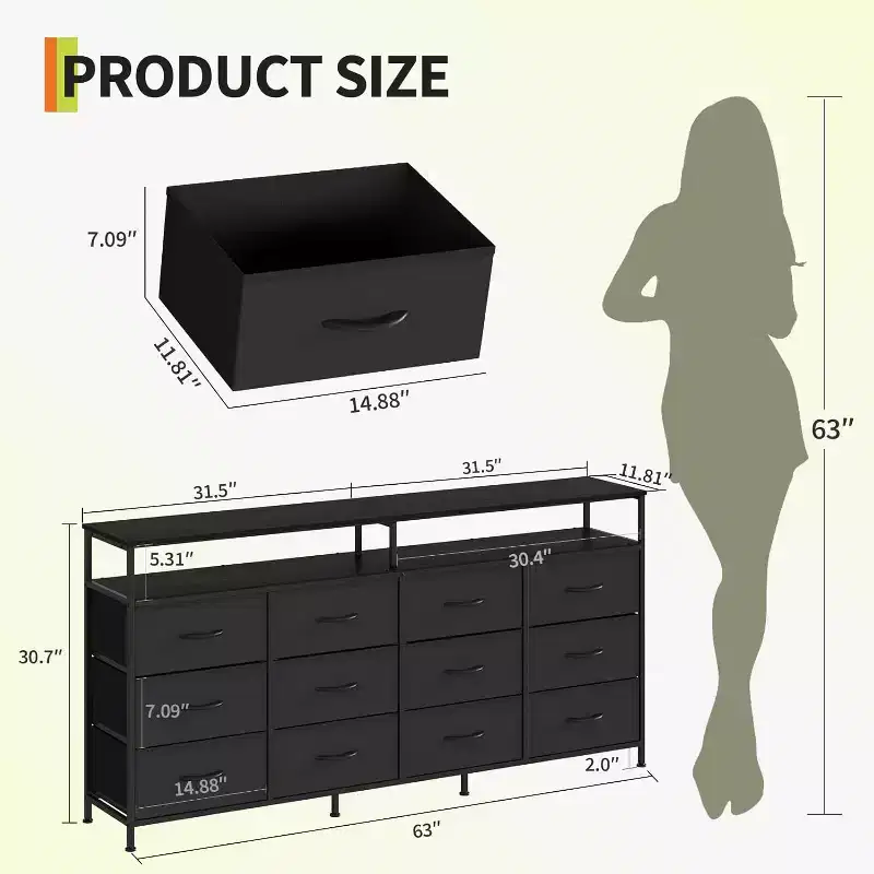 63'' Long Dresser for Living Room,12 Drawers Fabric Dresser TV Stand for Bedroom, Chest of Drawers with Open Shelves