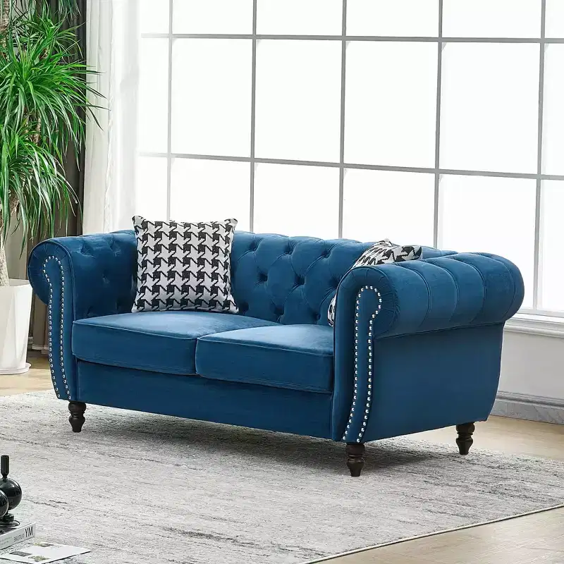 Chesterfield Velvet Upholstered Sofa with Roll Armrest and Nailhead
