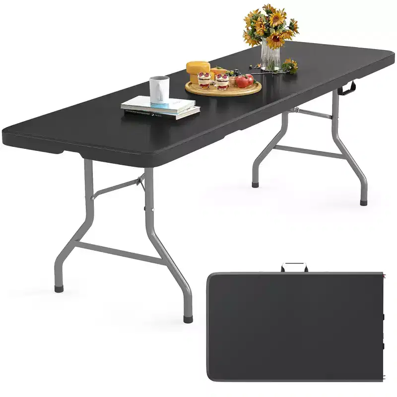 8 Foot Portable Folding Table HDPE Plastic Indoor Outdoor Fold-in-Half Black Seats 10 to 12