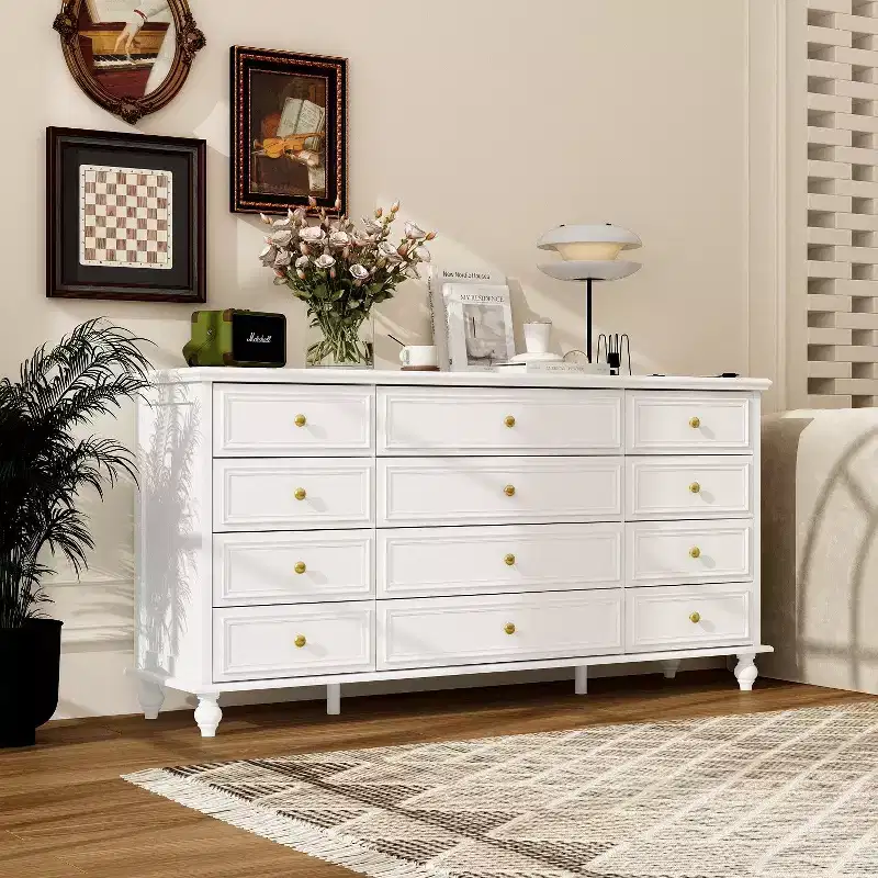Hitow 12 Drawer Horizontal Dresser Gold Metal Pulls Chest of Drawers