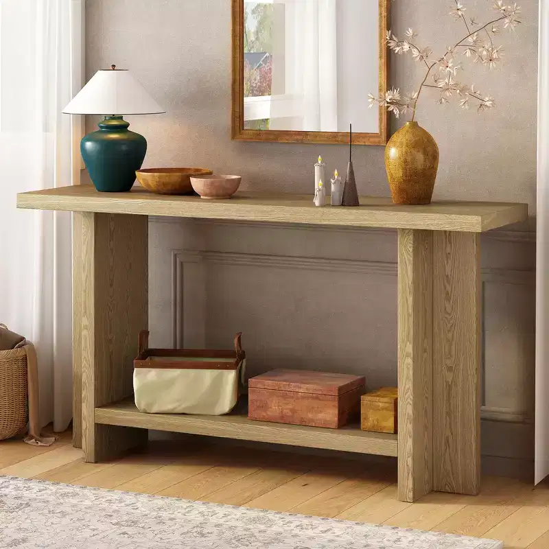 Whisen Vintage-Inspired and Ash Wood Veneer Console Table with T-Leg
