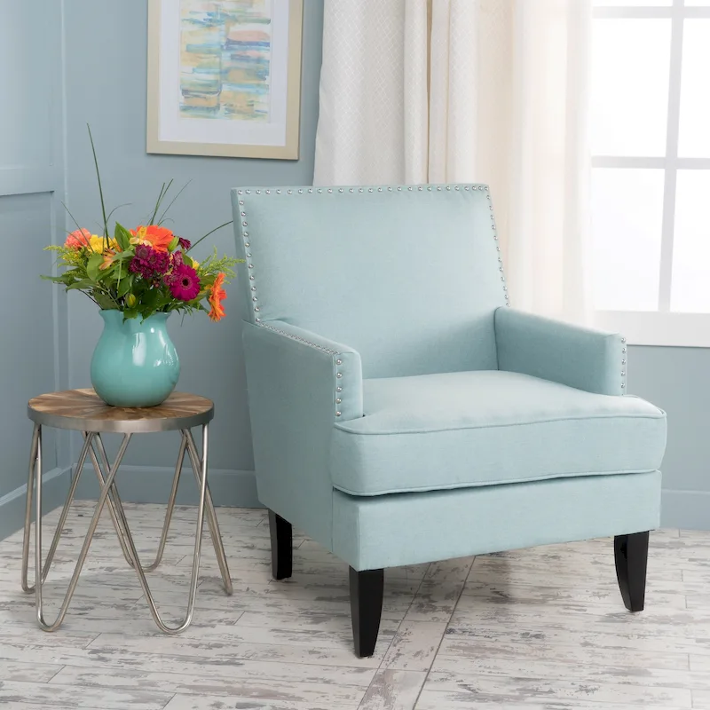 Studded Fabric Club Chair – Extra Padded Accent Chair with Birch Wood Legs